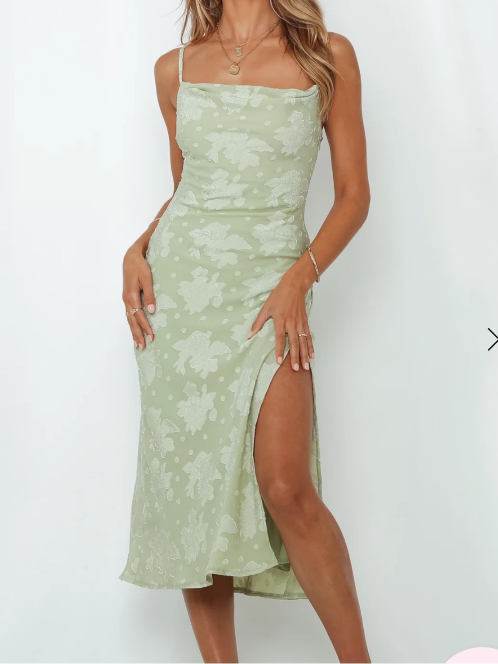 Hello Molly Sage Green Floral Slip Midi Dress with Side Slit